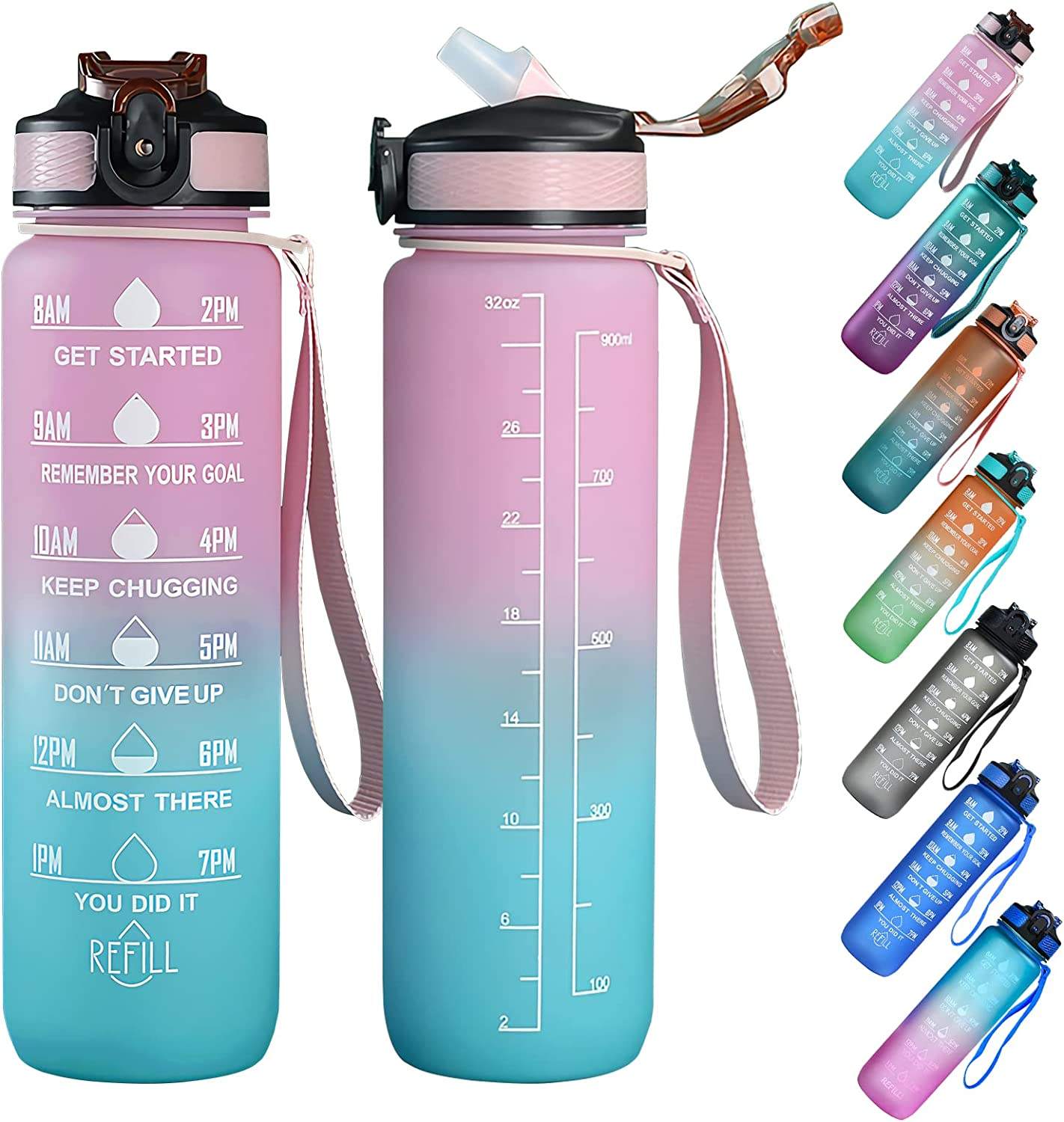 Customised 32 Oz Bpa Free Plastic Fitness Workout Sport Motivational Time Marker Water Bottle With Straw Strainer