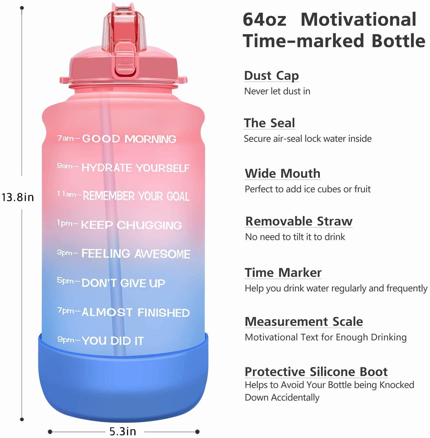 64 0z Motivational Time Marker Water Bottle with Straw Protective Silicone Boot Large Daily Water tank