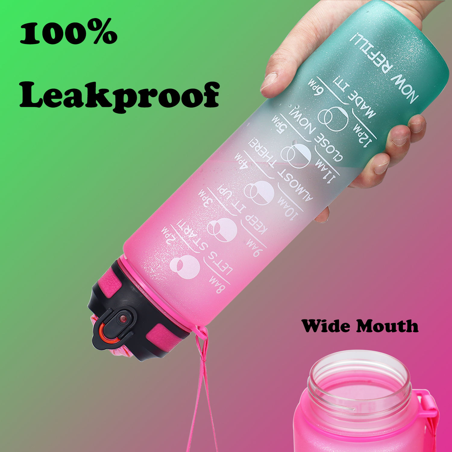 1000ml Water Bottles Customization Plastic Big Capacity Bottles with Time Marker Wide Mouth Leakproof Durable