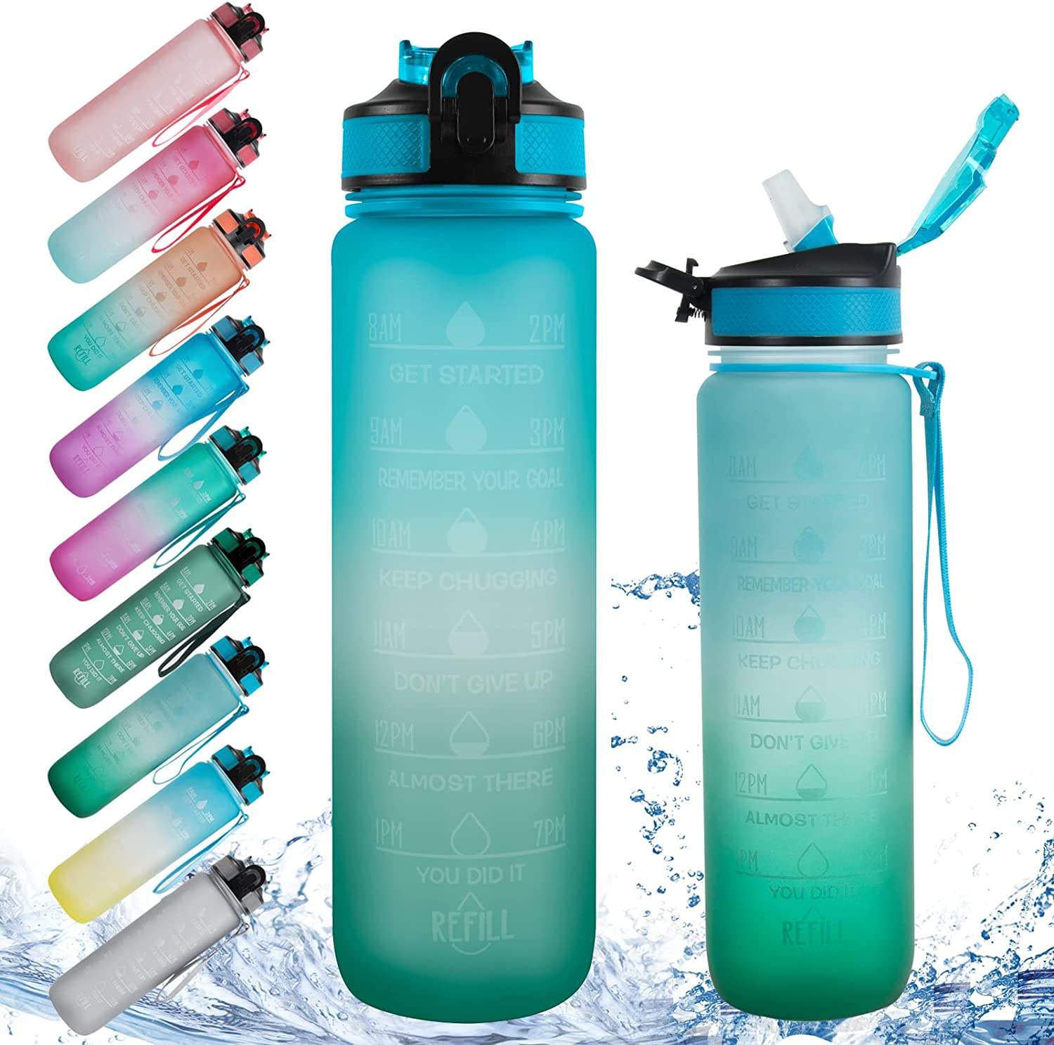 Motivational Water Bottle 32oz With Time Marker Straw and Sieve Tritan BPA Free for Fitness Gym Outdoor Sports Water Bottle