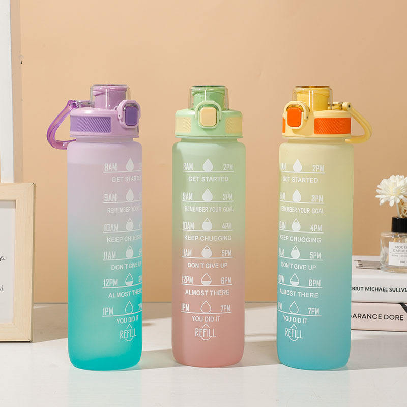 Transparent Colorful Color Gradient Plastic Motivational Water Bottle With Straw Lid for Gym Travel Camping