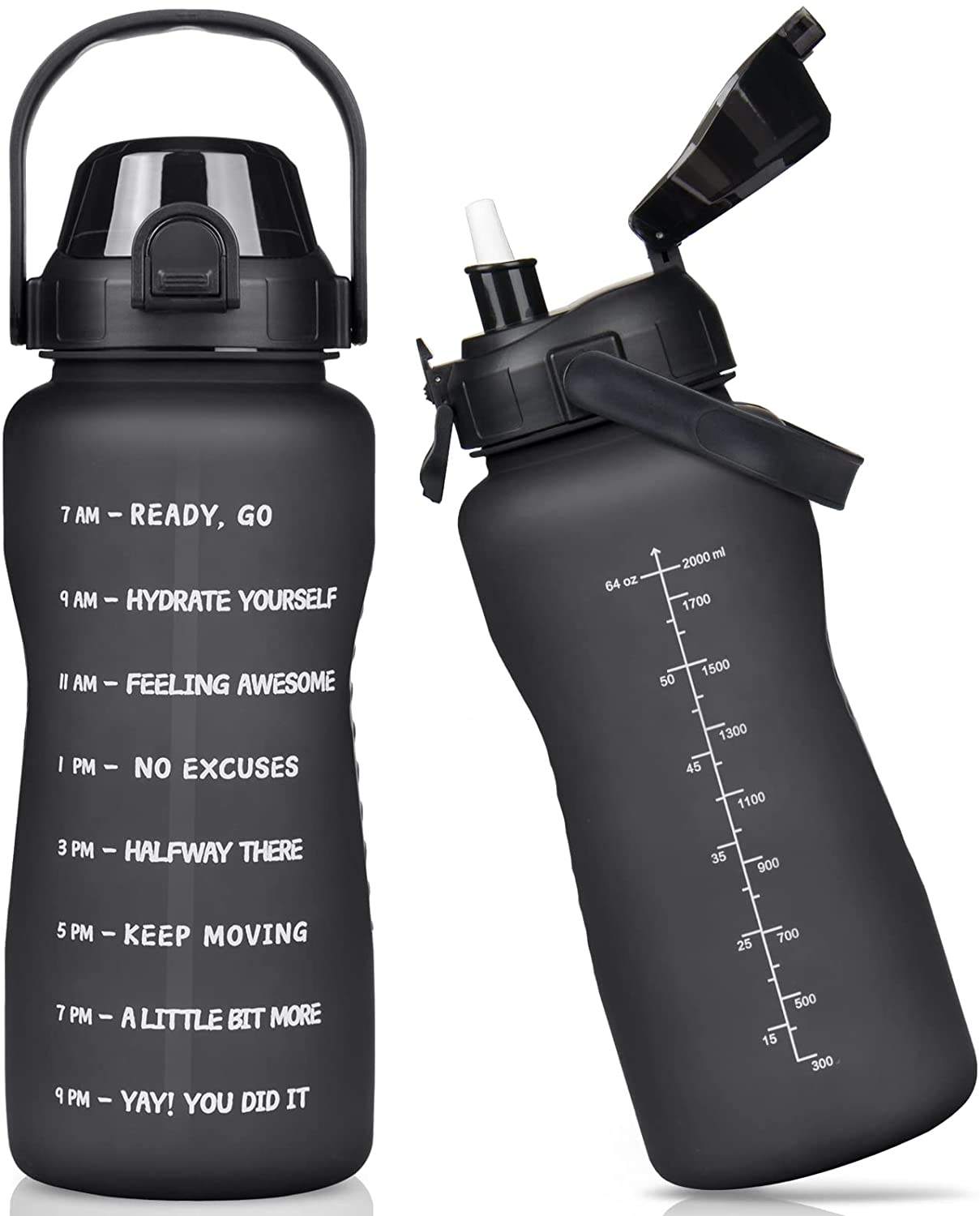 2L Half Gallon 64 OZ Sports Water Jug Motivational Water Bottle With Straw Time Marker BPA Free