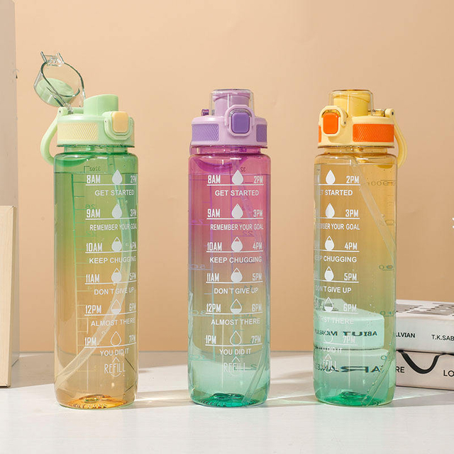 Leakproof Tritan BPA Free 1l Fitness Outdoor Sports Water Jug with Time Marker Large Plastic Motivational Water Bottle