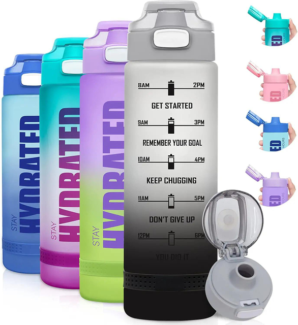 Wholesale 32oz Motivational Water Bottle Outdoor Custom LOGO BPA Free Wide Mouth Plastic Sport Water Bottle