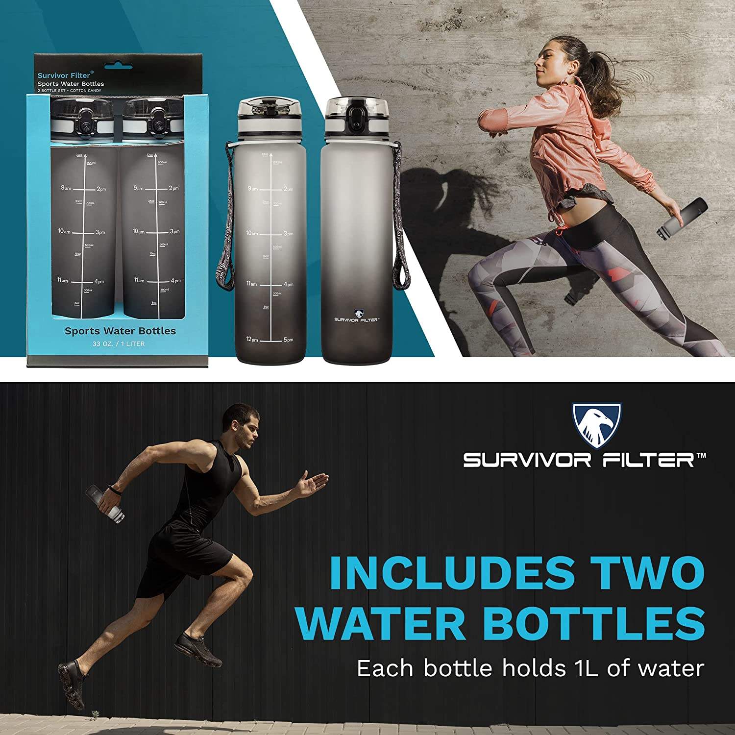 1 Litre Water Bottle Sports Motivational Water Bottle with Time Markings