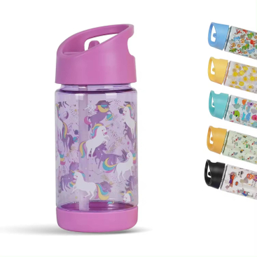 400Ml Cute Pattern Portable Wide Mouth Kids School Bpa Free Plastic Water Bottles With Straw Lid