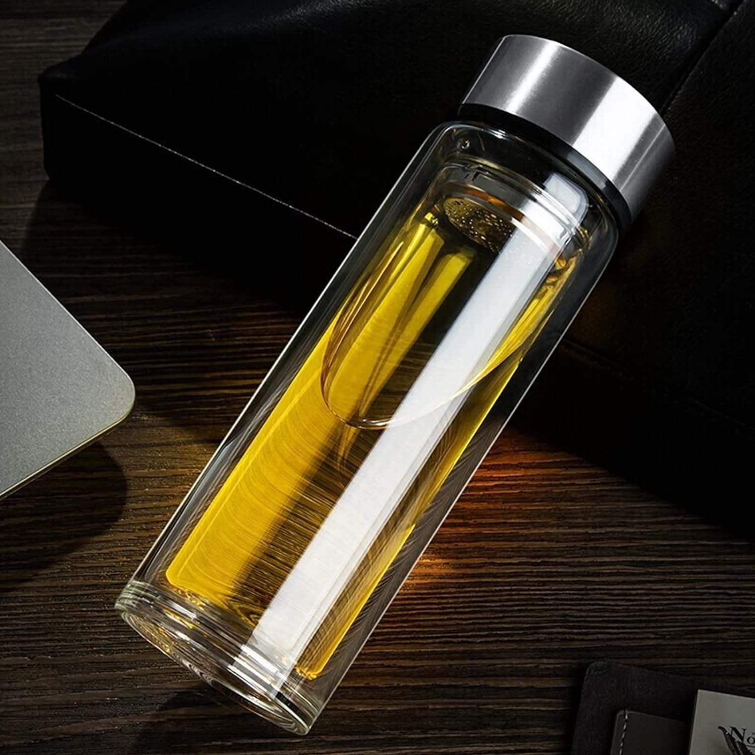 Glass Tea Infuser Bottle Double Wall Borosilicate Portable Tea Bags 12OZ/350ml