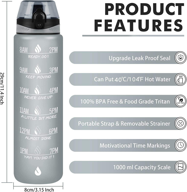 Eco-friendly Plastic 32 OZ Large Motivational Time Marker Water Bottle With Straw Lid for Fitness Gym and Outdoor Sports