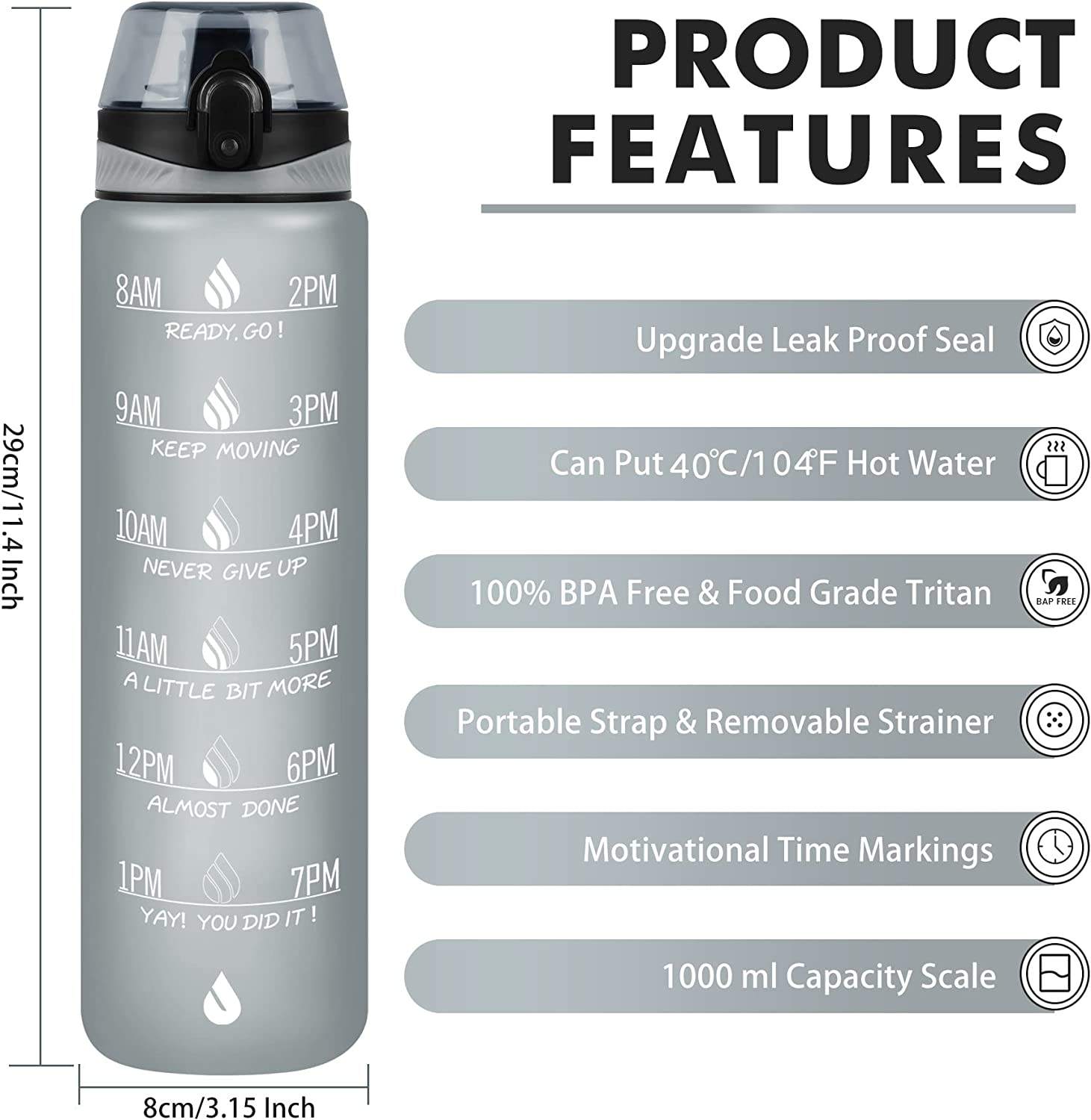 Eco-friendly Plastic 32 OZ Large Motivational Time Marker Water Bottle With Straw Lid for Fitness Gym and Outdoor Sports