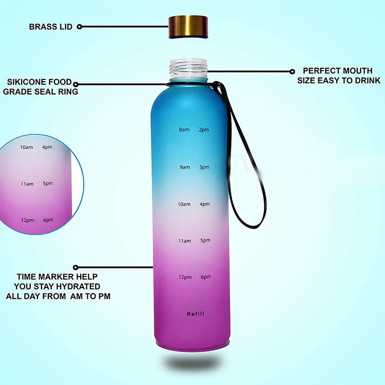 Bottle With Time Marker 32OZ 1Liter Motivational Reusable Water Bottles With Times to Drink BPA Free Frosted Plastic