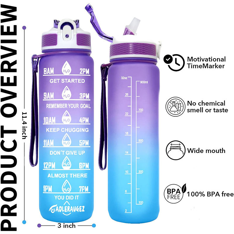Bpa-Free 1L Sport Plastic Gradient Color Motivational Large Water Bottle With Time Marker With Straw