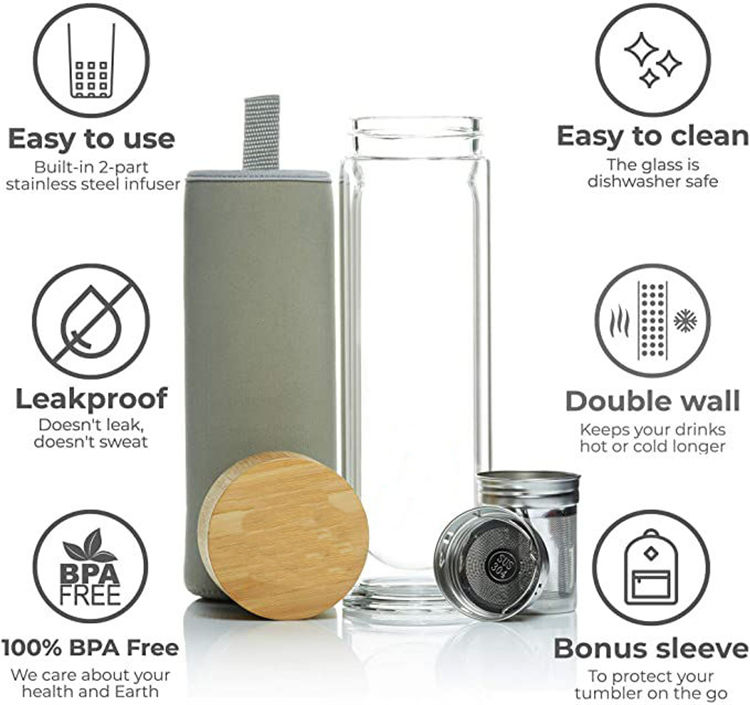 Custom 400Ml Glass Drinking Bottle Water Bottle With Bamboo Lid Direct Drinking