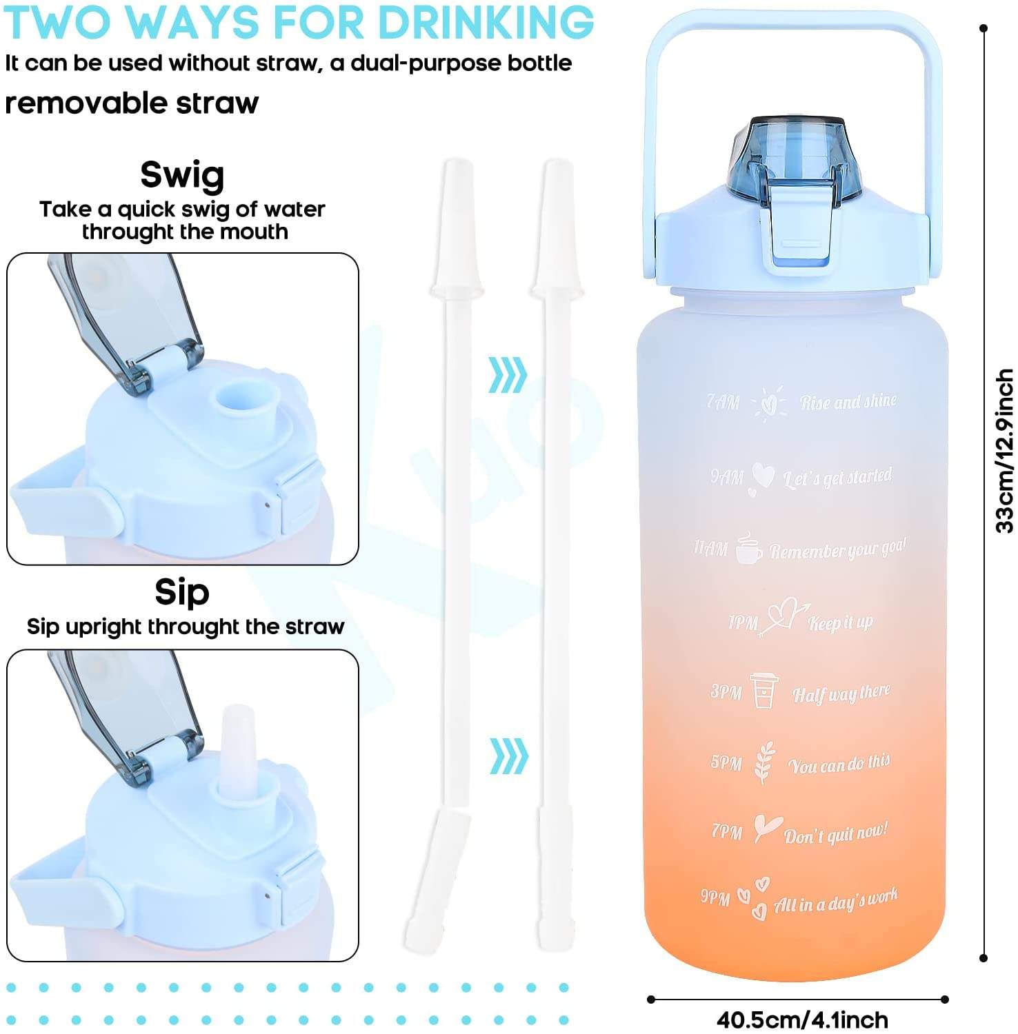 Water Bottle 1/2 Gallon Motivational Large Water Bottle With Time Marker & Straw