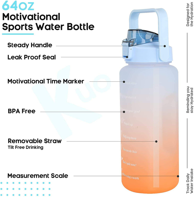 Water Bottle 1/2 Gallon Motivational Large Water Bottle With Time Marker & Straw