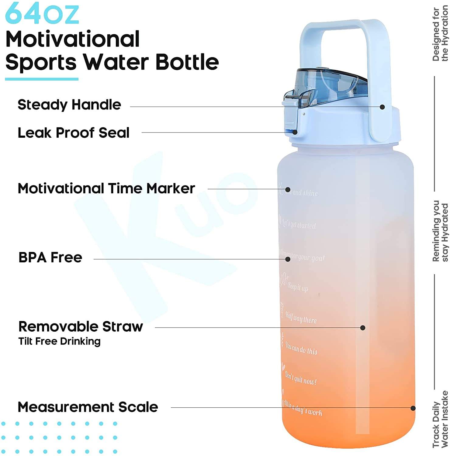 Water Bottle 1/2 Gallon Motivational Large Water Bottle With Time Marker & Straw