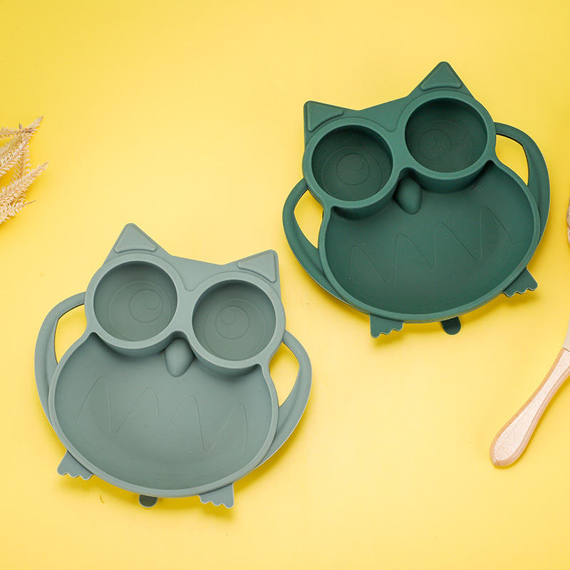 Easy to Clean BPA Free Silicone Non Toxic Suction Plate Divided for Toddler Baby Silicone Owl Shape Kids Plate