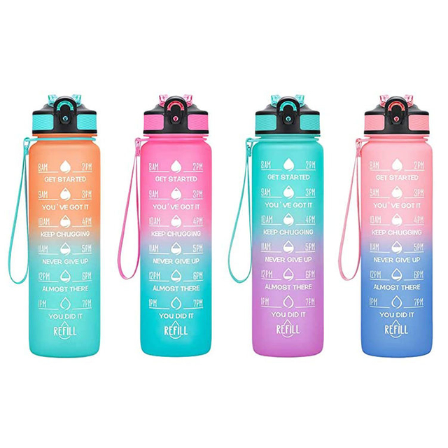 BPA Free Tritan Plastic 32oz Motivational Fitness Sports Water Bottle With Time Marker Leakproof Flip Top