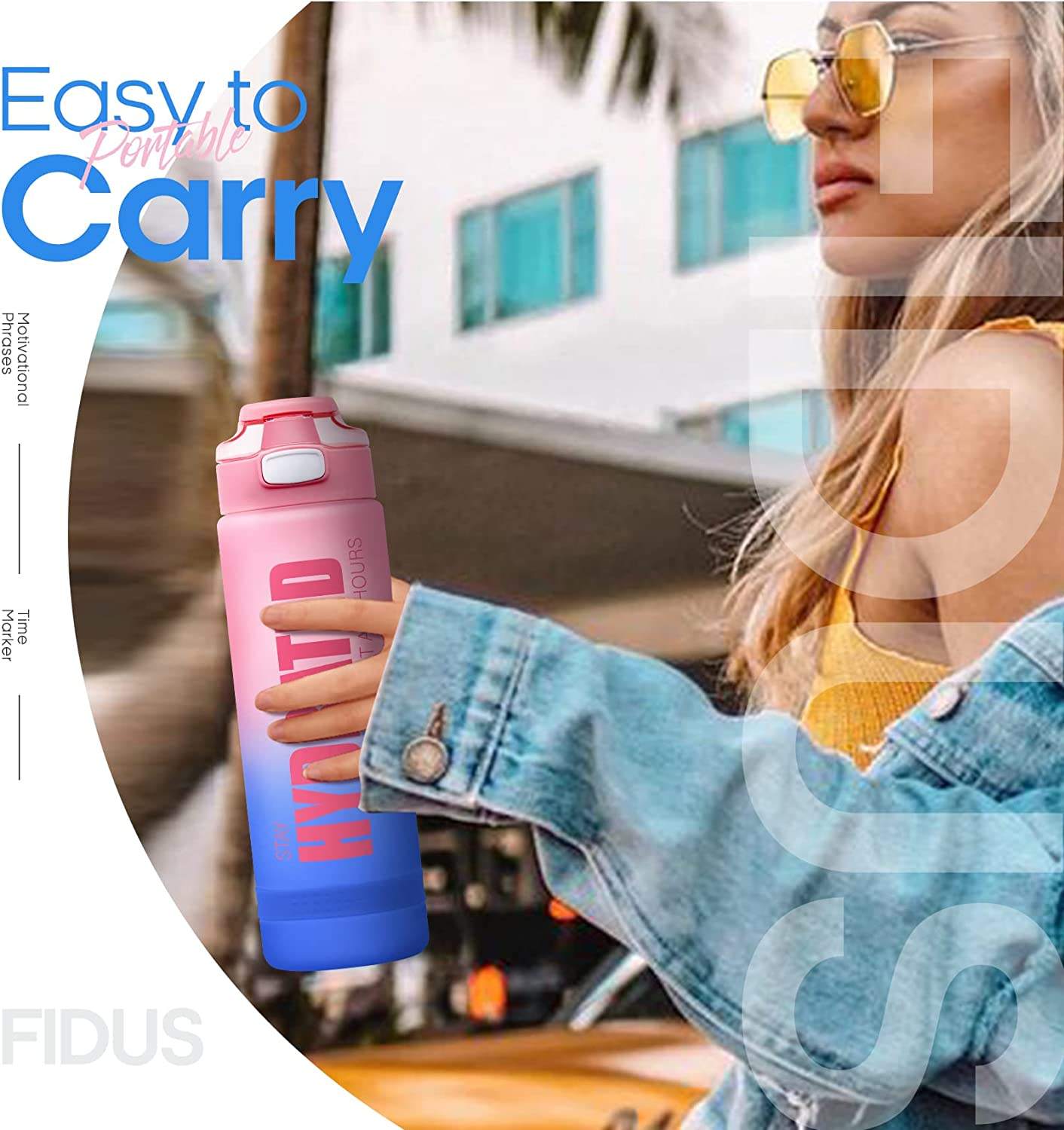1000ml BPA FREE Plastic Water Bottle With Motivational Words and Rope Gradient Paint Sport Water Bottle