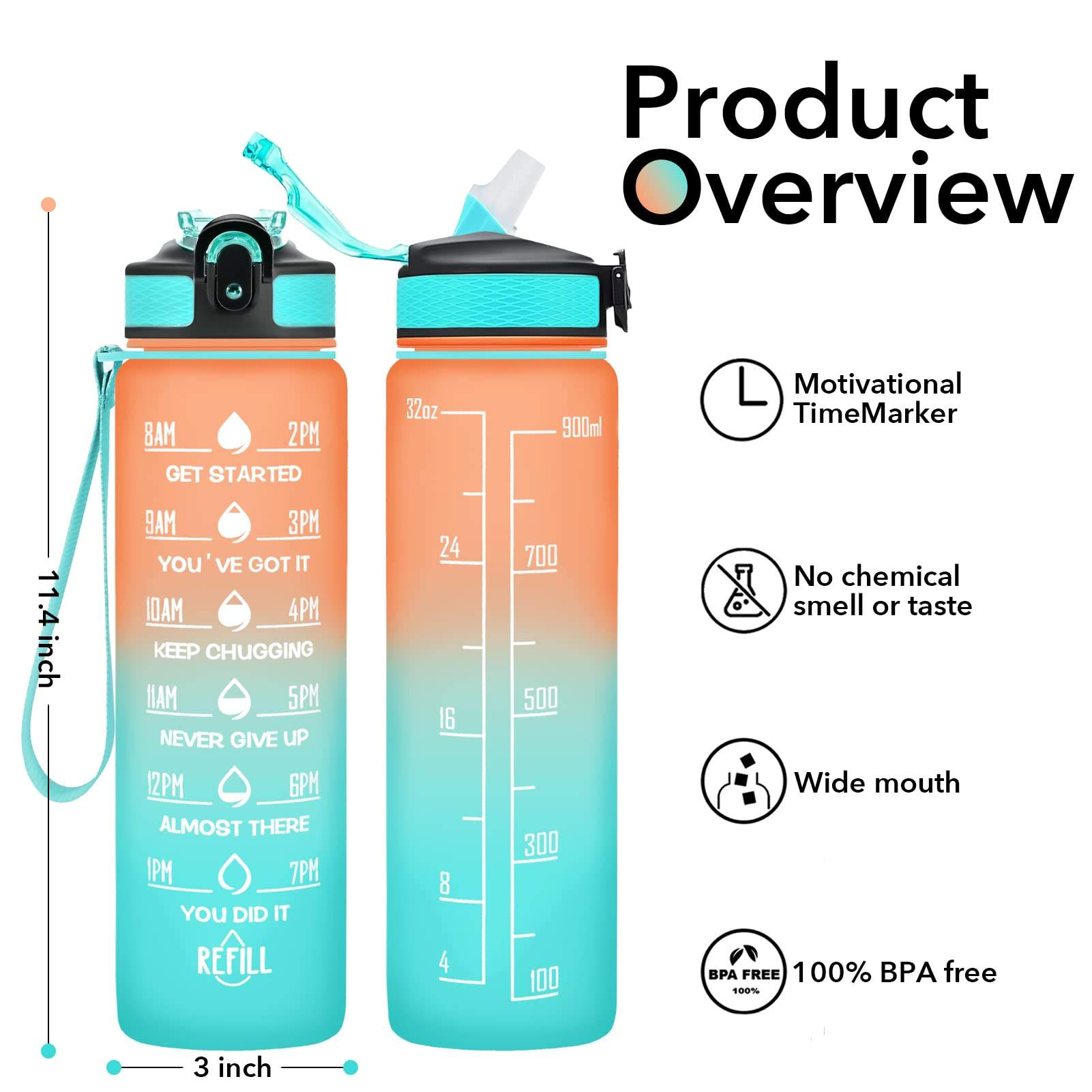 32 OZ Motivational Fashion Water Bottle With Time Marker to Drink BPA Free Frosted Plastic Water Bottle