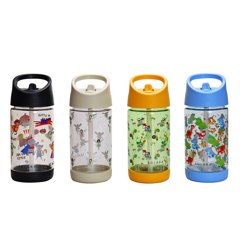 Botella De Bebida 12Oz Small Cartoon Transparent Kids Plastic Water Bottle Bpa Free With Straw Handle