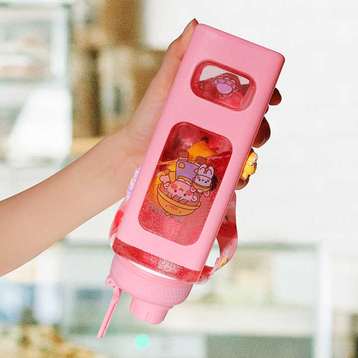 Custom Logo 700ML Outdoor Sport Plastic Square Water Bottle With Straw with Cute Sticker