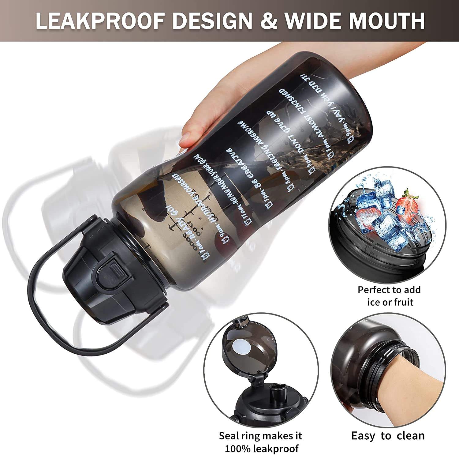 64 Oz Water Bottle Large Half-gallon Water Bottle with Straw with Time Mark Handle Leak-proof Flip Cover