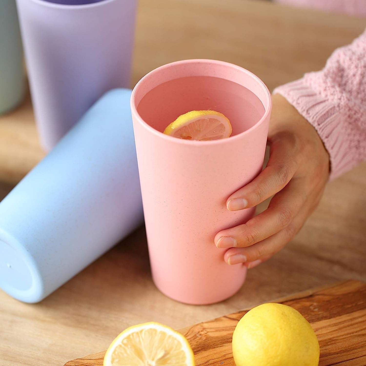 RPET CUP 6PCS Reusable Plastic Cups 20 oz Unbreakable Drinking Cup for Kitchen Dishwasher Safe Water Tumbler Set