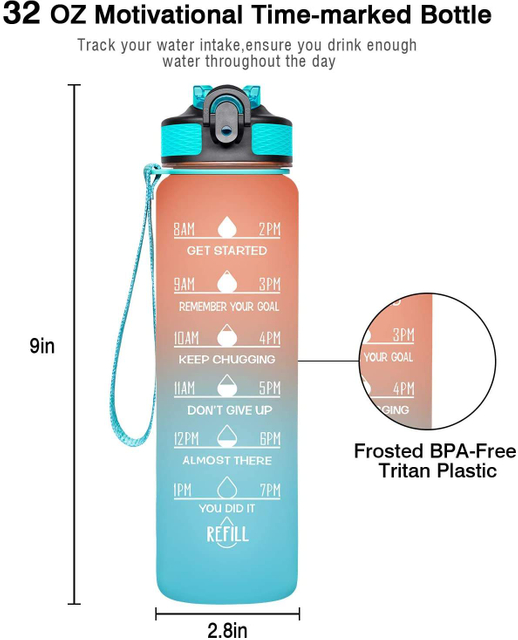 Outdoor Gym Custom Motivational Time Marker Reusable 32oz Sports Tritan Plastic Water Bottle