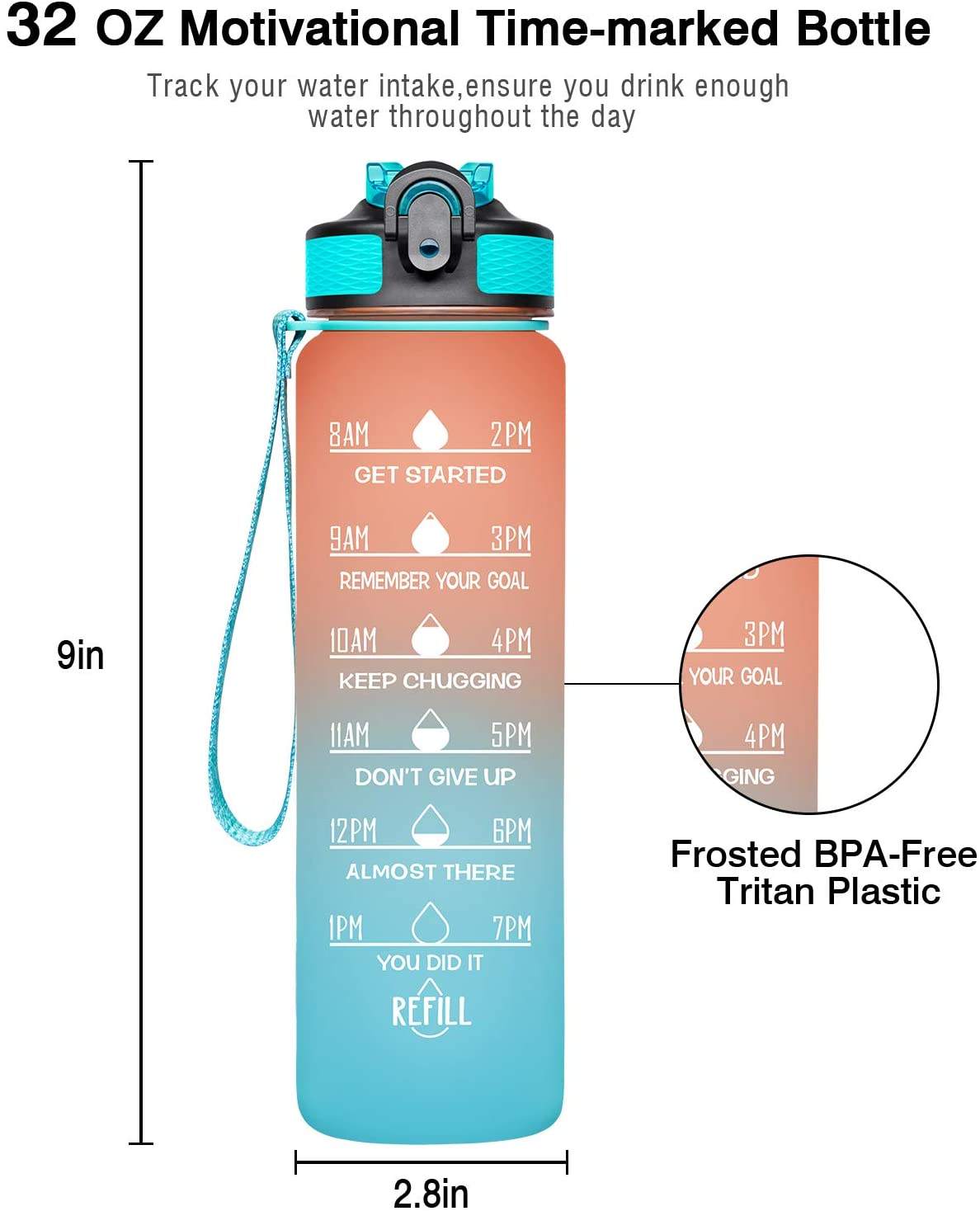 Outdoor Gym Custom Motivational Time Marker Reusable 32oz Sports Tritan Plastic Water Bottle