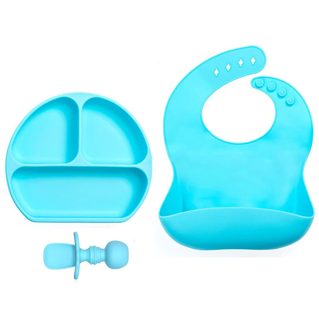 Perfect Baby Led Weaning Utensils Set Silicone Bibs Suction Divided Plate Spoons 3 PCS Silicone Baby Feeding Set