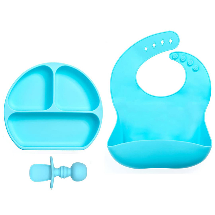 Perfect Baby Led Weaning Utensils Set Silicone Bibs Suction Divided Plate Spoons 3 PCS Silicone Baby Feeding Set