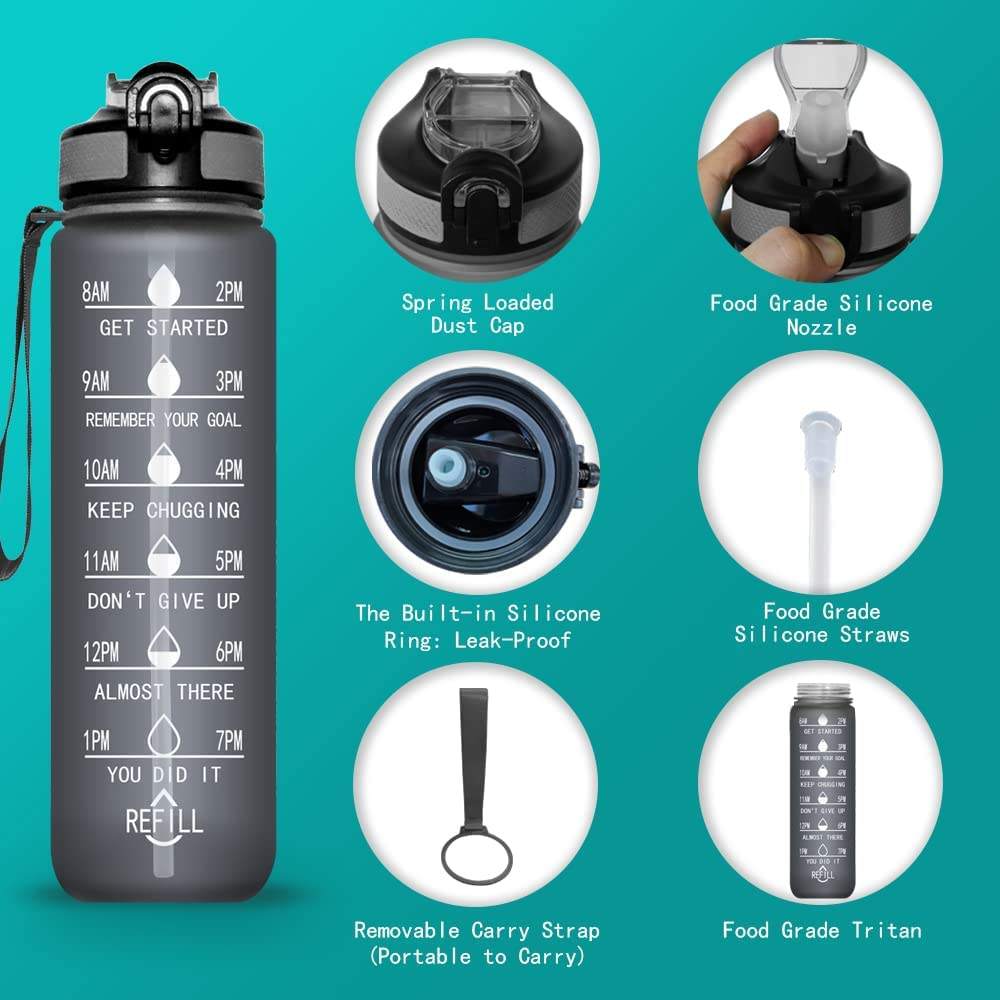 1L Tritan BPA Free Time Marker Frosted Plastic Motivational Sports Water Bottle