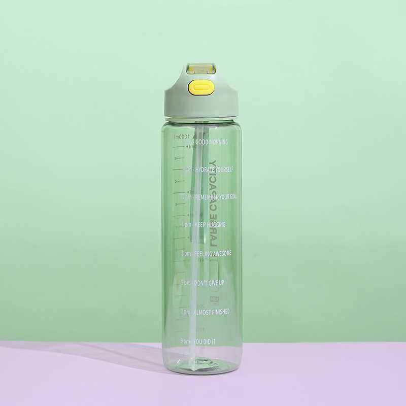 1L Large Capacity Transparent Colorful Motivational Water Bottle Plastic With Straw Time Marker
