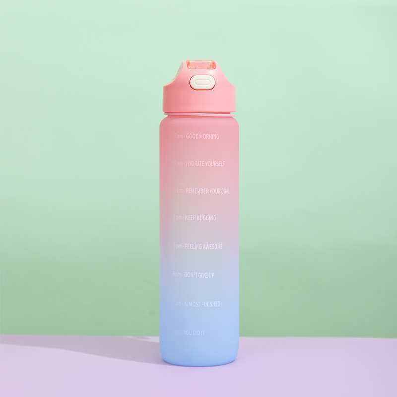 1L Large Capacity Transparent Colorful Motivational Water Bottle Plastic With Straw Time Marker