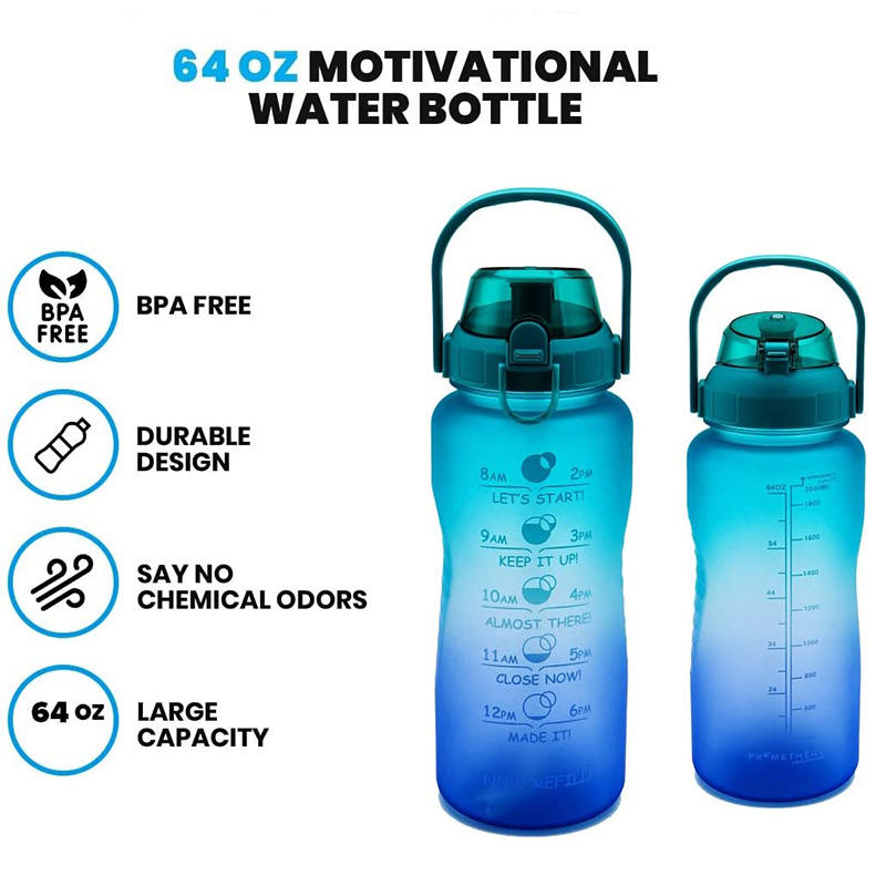 2L Wholesale Leakproof Gradient Color Fitness Sports Motivational Water Bottle with Time Marker and Straw