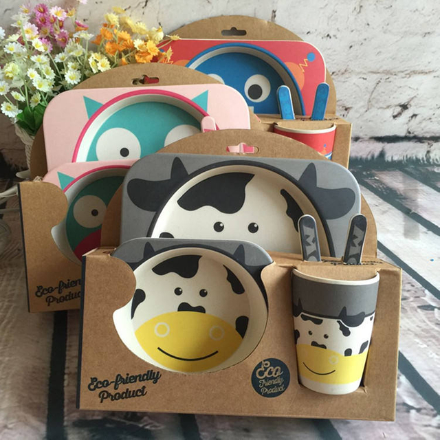 Custom Cartoon 5 Pcs Square Baby Tableware Plate Sets Dinnerware Bamboo Fiber Kids Dinner Set