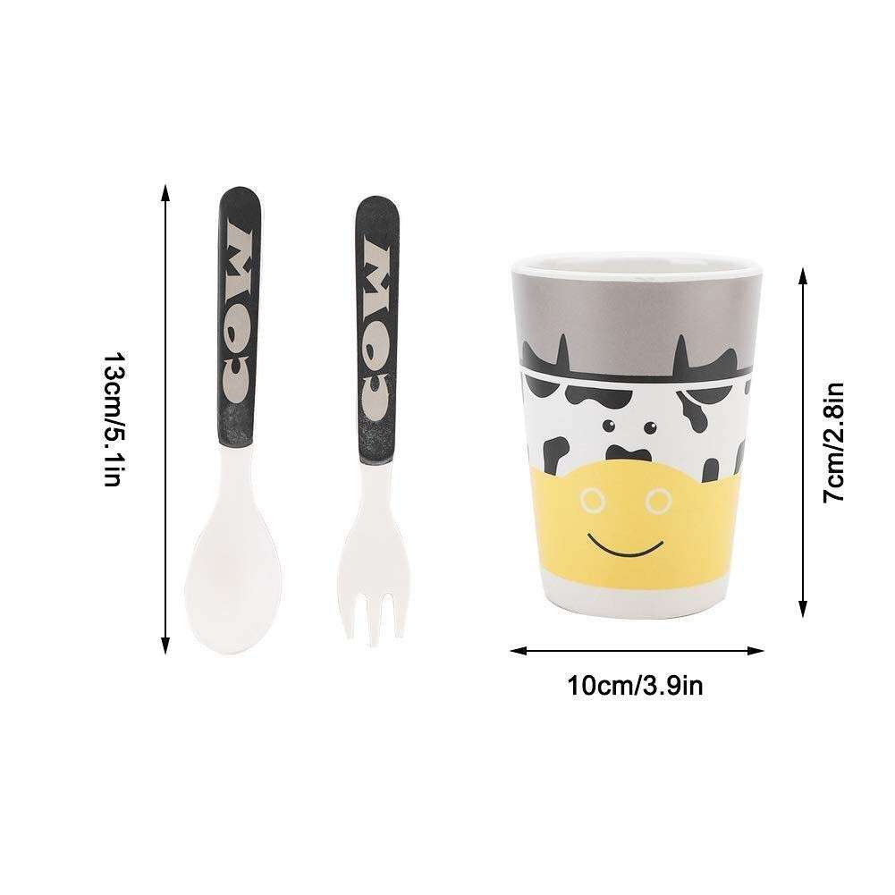 Customized Design Toddler Baby Kids Feeding Cartoon Bamboo Fiber Dinnerware Sets Dishwasher Safe Plate Bowl Cup Spoon Fork Set