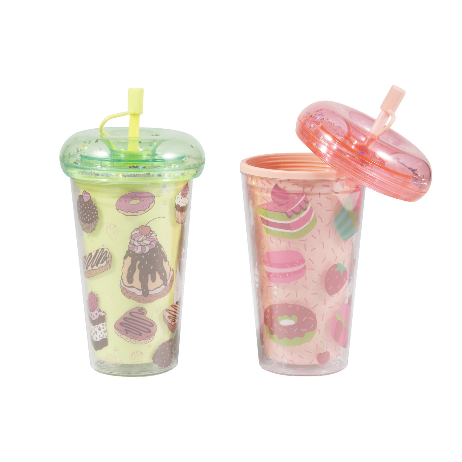 450ml Custom Pattern Straw Coffee Cup Leak Proof Double Wall Plastic Cup