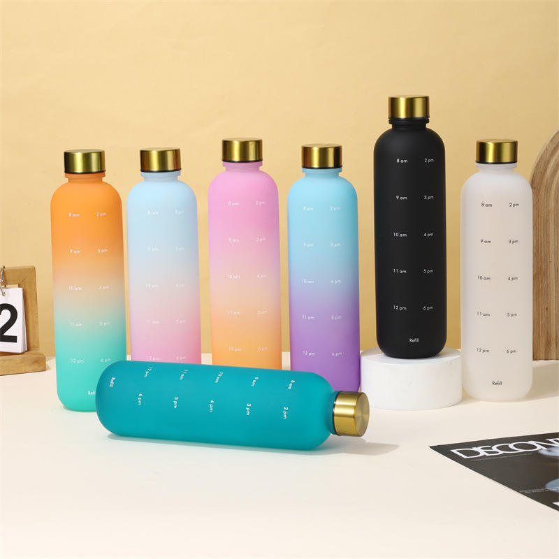 1L 32oz Fitness Lightweight Gym Gradient Water Bottle With Time Marker and Lid