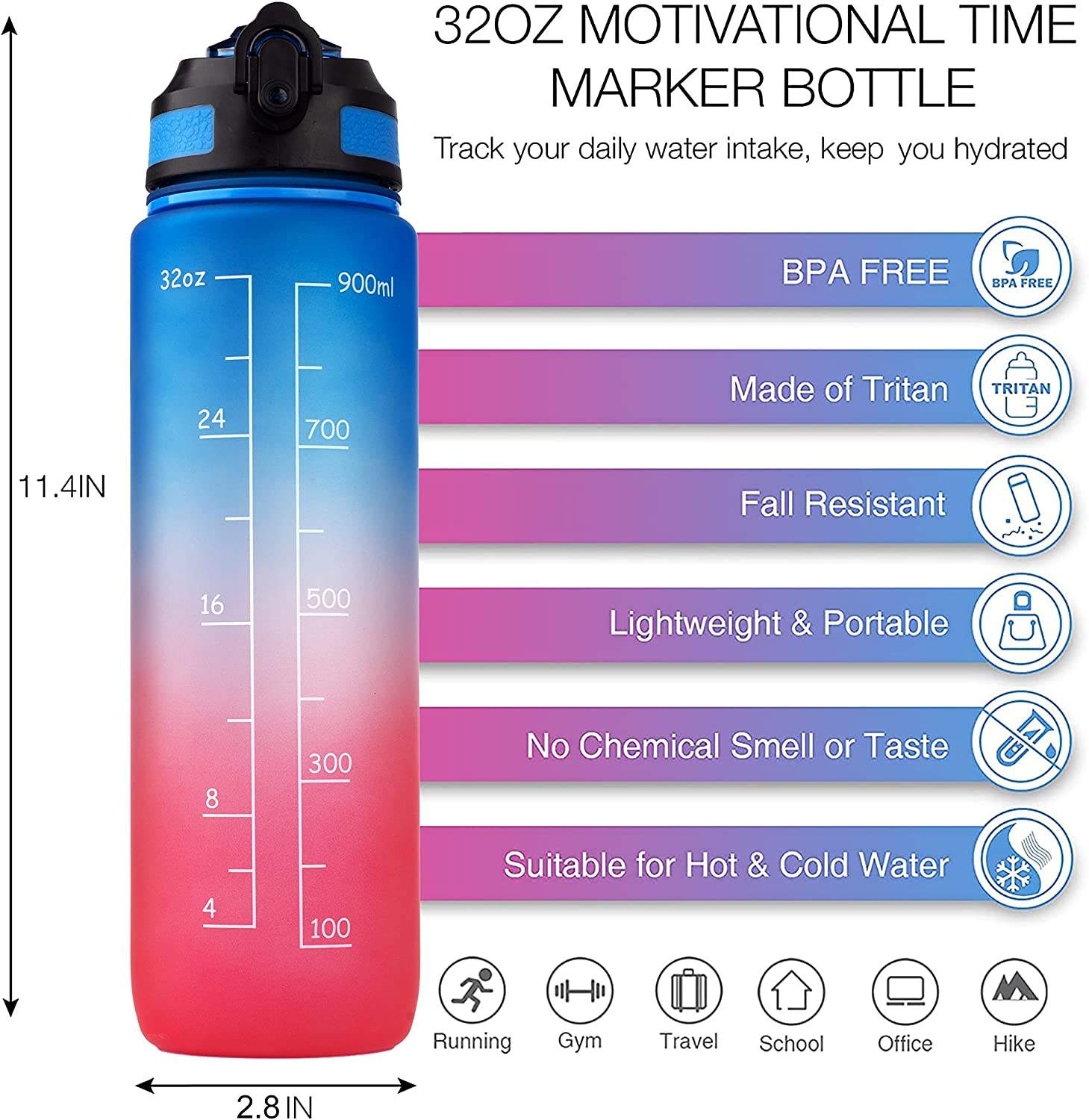 TRIATN BPA Free Large 32 oz Leak Proof Fitness Sports Water Bottle with Motivational Time Marker Straw and Handle