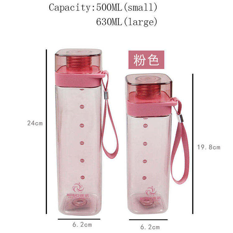 BPA Free 630ml Simple Style square Plastic Water Bottle with Carrying Cord