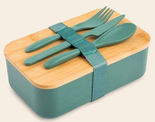 Eco- Friendly Lunch Box Made of RPET Material Suitable for Everyone Comes with Bamboo Lid As Well As a Knife a Fork and a Spoon