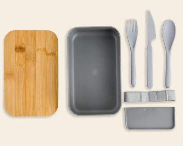 Eco- Friendly Lunch Box Made of RPET Material Suitable for Everyone Comes with Bamboo Lid As Well As a Knife a Fork and a Spoon