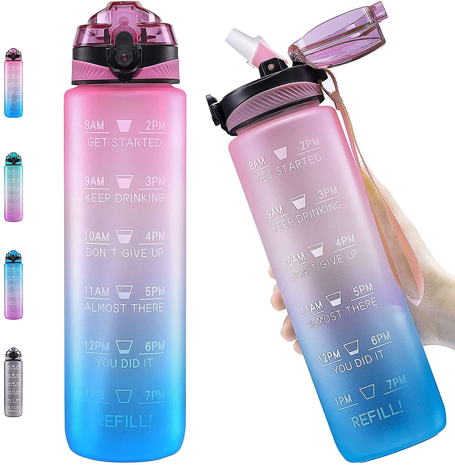 Custom Logo Plastic Portable BPA Free Reminder Tracker 32 oz 32oz Drinking Sport Motivational Water Bottle With Time Marker