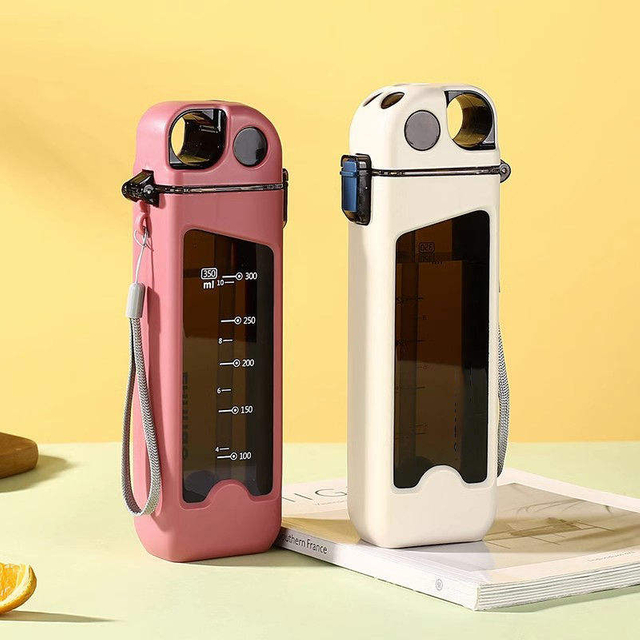 High Quality 350Ml Personalised Small Flat Plastic Water Drink Bottle With Straw Capacity Scale