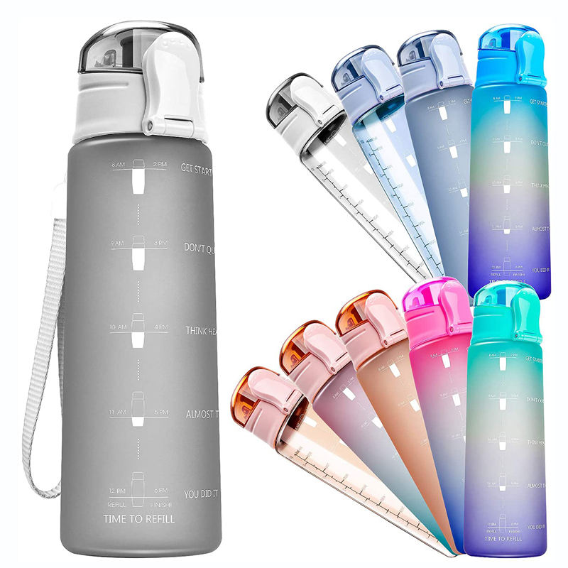 Custom Logo Straw Flip Top Filter Plastic Sport BPA Free 1l 32oz 32 oz Tritan Motivational Water Bottle With Time Marker