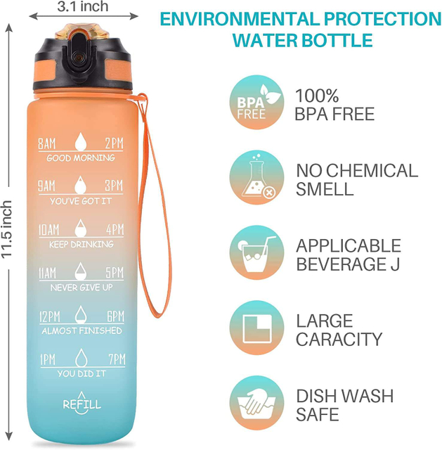 Custom Plastic Straw Strainer Filter Gym Sports 1000ml 1L 32 oz 32oz BPA Free Tritan Motivational Water Bottle With Time Marker