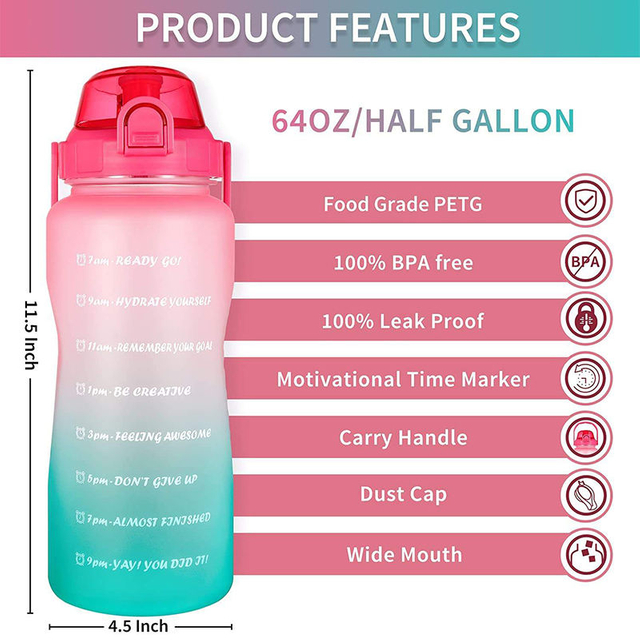 High Quality 64Oz Gradient Color Big Capacity Tritan Plastic Sports Water Bottle With Straw Time Marker