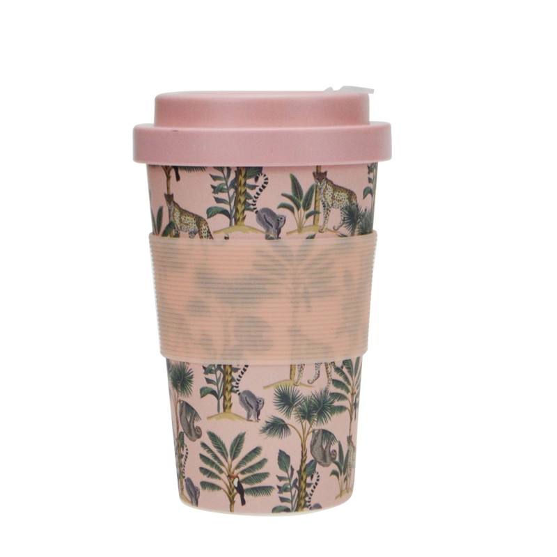 Eco-friendly BPA Free RPET 400ml Custom Pattern Reusable Coffee Cup with Lid Bamboo Fiber Mug with Silicone Sleeve