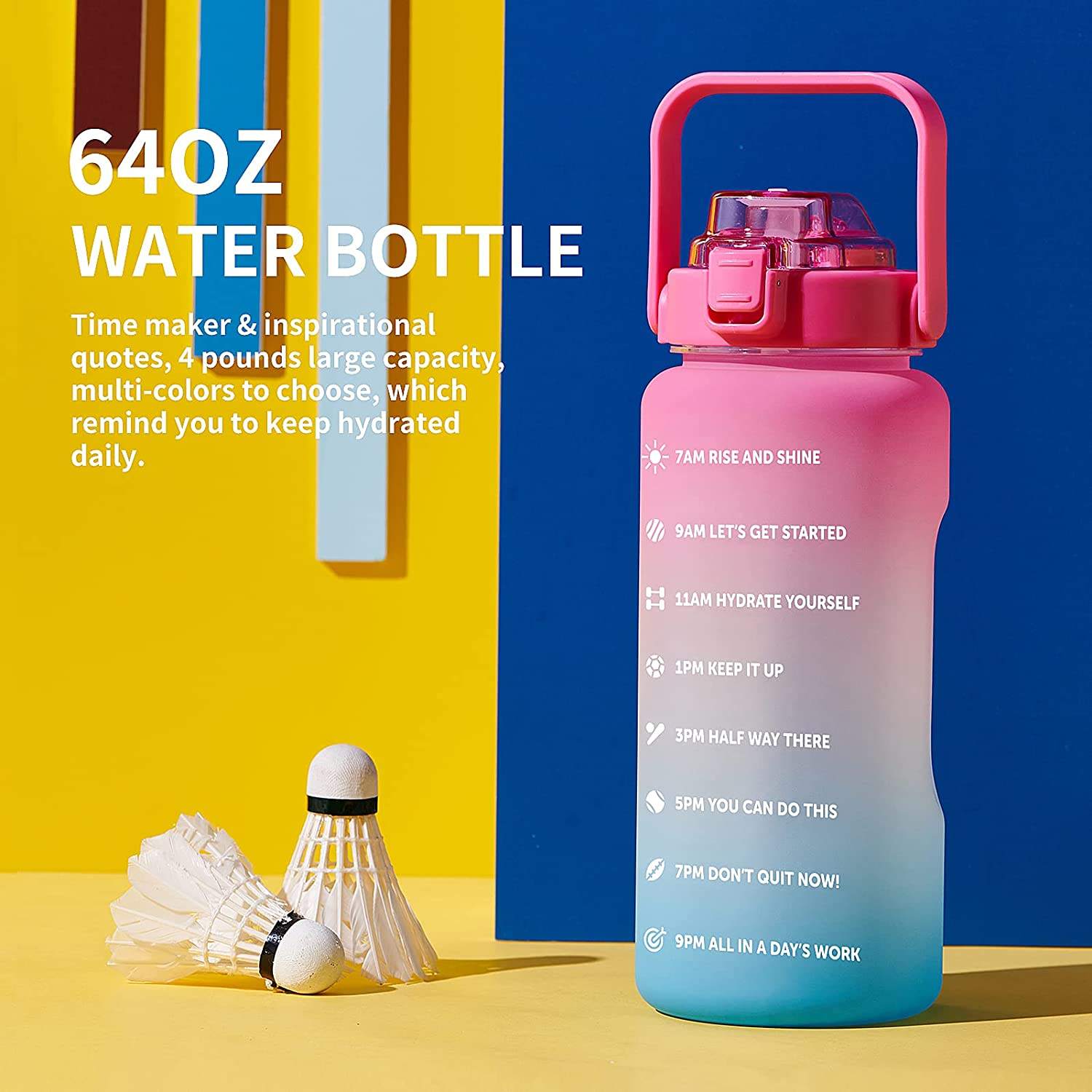 BPA Free Motivational Water Bottle With Time Marker Leakproof Half Gallon Water Bottle With Handle